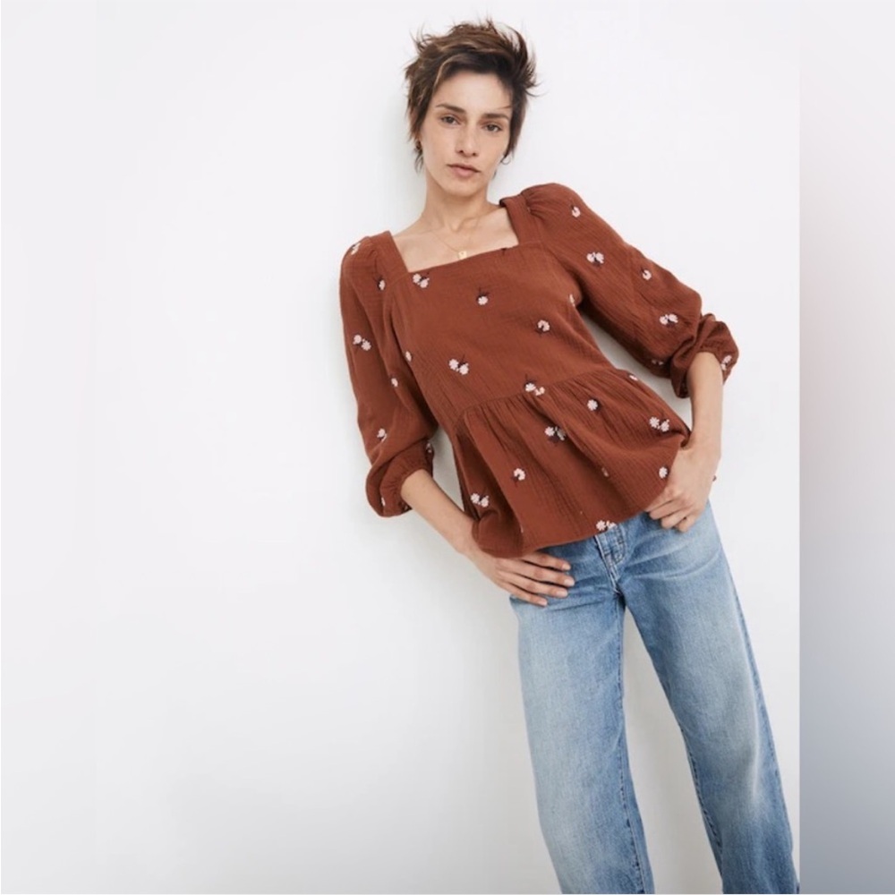 Madewell Amie Floral Embroidered Puff-Sleeve Peplum Top - Size Small